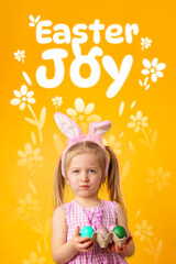 Fototapeta premium Child holds colored eggs for Easter celebration on a bright yellow background