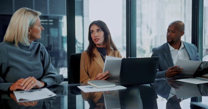Document, business people or talk with team, accounting strategy or meeting for audit in office. Paperwork, planning or manager in company for financial budget, proposal or pitch idea for bookkeeping