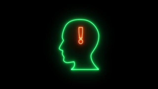 Green Neon Human Head Silhouette with Orange Exclamation Mark Symbol profile male