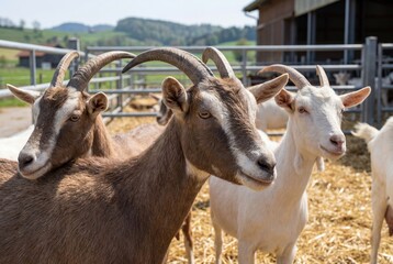 Close-up of three domestic goats, two brown with majestic horns and one white, standing in a sunny outdoor farm pen with hay and a barn in the rural background, depicting agricultural life.