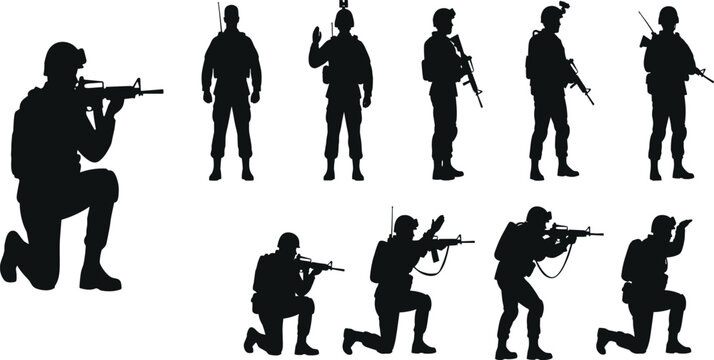 Soldier silhouette vector set with armed military poses kneeling aiming and standing for army defense security and tactical design.