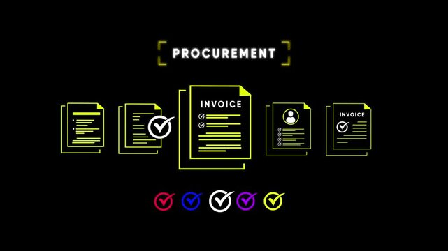 Procurement process with documents and checkmarks on black background Keywords: procurement, business, document, invoice, checklist, paperwork, contract, agreement, order, purchase, management