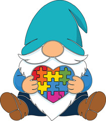 Autism Awareness Gnome Holding Puzzle Heart Neurodiversity Support Cute Illustration