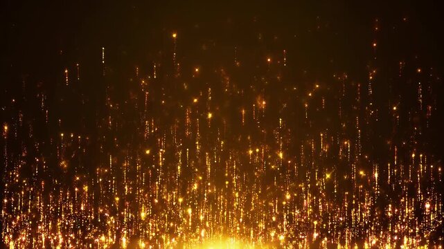 Golden particles ascend from a vibrant light source, creating a dazzling, abstract flow of sparkling energy against a dark backdrop.