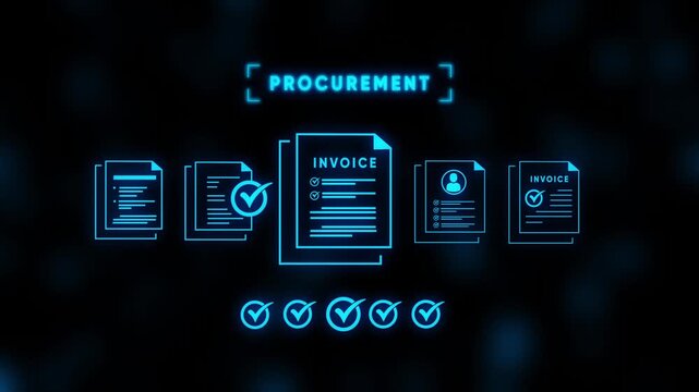 Glowing blue procurement process with documents and checkmarks on dark background Keywords: procurement, business, document, invoice, checklist, paperwork, contract, agreement, order, purchase