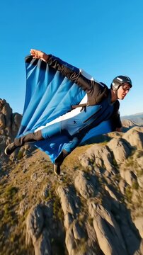 Person gliding in wingsuit over mountain valley at sunset during adventure sport in open sky