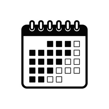 Black and white calendar icon for time management, event scheduling. Ring-bound, grid with marked days, symbolizing appointments, tasks, deadlines. Ideal for digital apps, websites, mobile tools, aidi