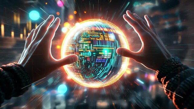 Two hands interact with a glowing orb filled with data in a modern technological environment at night