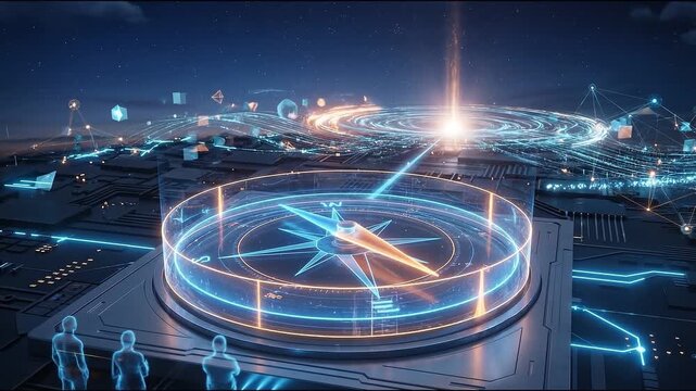 Futuristic innovation blends ai crypto digital web3 technology with glowing cityscape compass and network connections inspiring progress