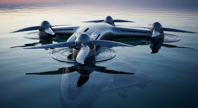 Futuristic amphibious vehicle with sleek design in tranquil water