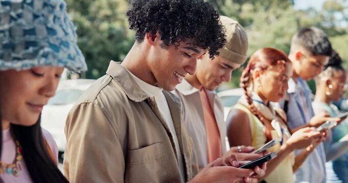 Students, phone and happy with man in college for social media, accepted admission and good news. Success, online university test scores and typing with people on campus for scholarship email