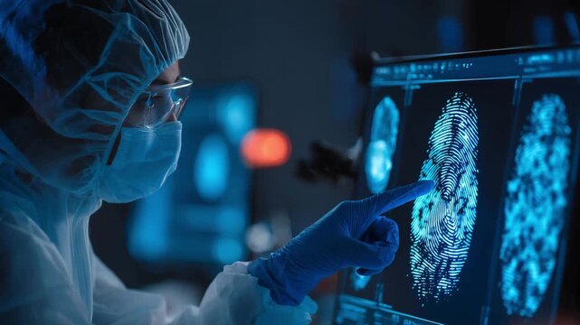 A scientist examines detailed fingerprint images on a computer in a lab during nighttime hours