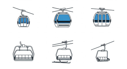 Various cable cars and ski lifts in different perspectives, vector illustration. © Dolar
