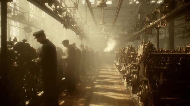 Workers operate heavy machinery inside an early industrial factory as sunlight streams through large windows, capturing the atmosphere of historic manual labor