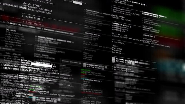 Futuristic terminal style UI overlay displaying fictional artificial intelligence system logs, diagnostics, and boot sequence. Sci-fi HUD interface video overlay template for compositing and editing u