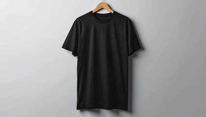 Plain Black T-Shirt Hanging on a Wall.