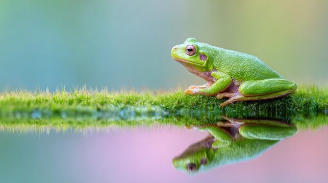 Green Tree Frog Perched on Grassy Bank with Reflection in Water.