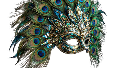 Obraz premium Intricate gold and teal masquerade mask adorned with real peacock feathers, isolated PNG with Transparent Background