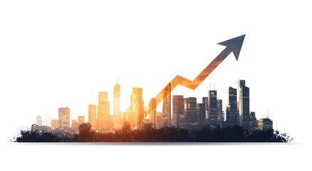 Fototapeta premium Skyscraper silhouette cityscape at sunrise with rising arrow representing financial success and economic progress within urban development projects showing corporate expansion and market growth