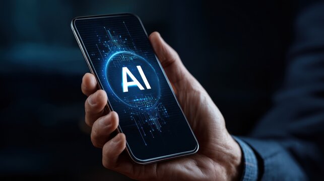 Hand holding a smartphone displaying an AI logo.