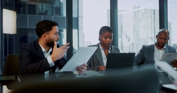 Paperwork, business people and strategy in office with team, laptop or investment meeting. Document, planning and conversation with group in corporate company for financial budget, proposal or idea