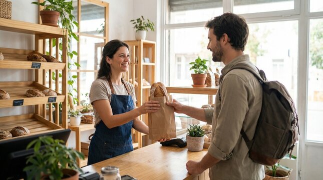 Smiling shopkeeper hands a paper bag of purchased goods to a male customer at a checkout counter.