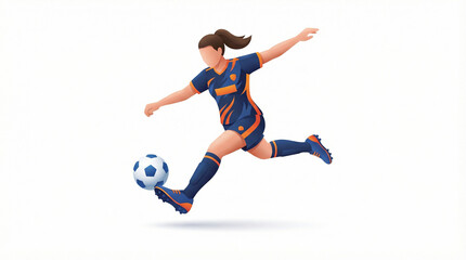 Naklejka premium Vibrant vector illustration of a female soccer player kicking a ball in dynamic motion. Modern flat style design isolated on light background, ideal for sports campaigns, women empowerment themes, foo