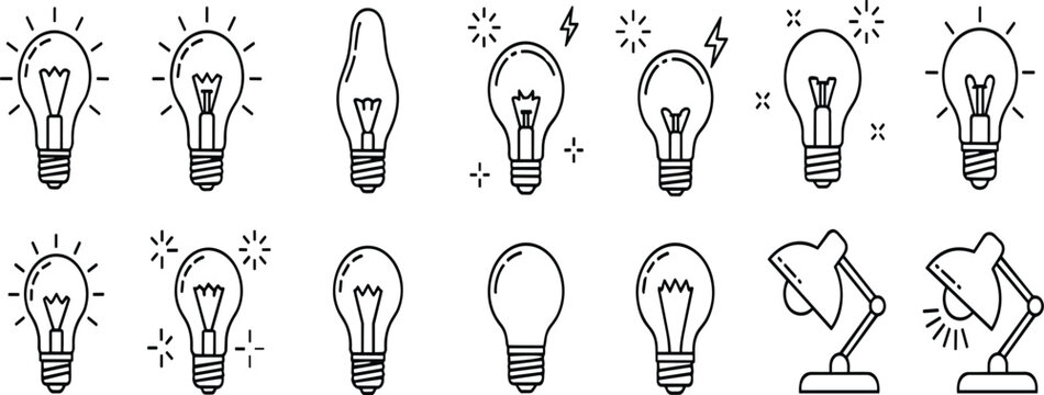 Hand drawn light bulb doodle vector set with glowing idea lamps and desk lights for creativity innovation and education design.