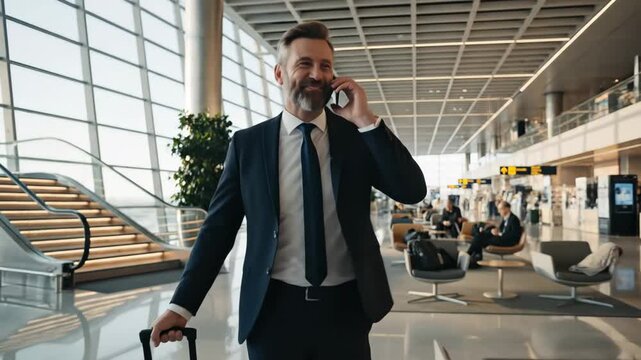 Smiling businessman talks on phone, pulling suitcase through a bright, modern airport terminal.