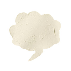 A beige, textured speech bubble with a rough, organic shape and a pointed tail, set against a clean and neutral transparent background, evoking a sense of casual conversation and friendly communicatio