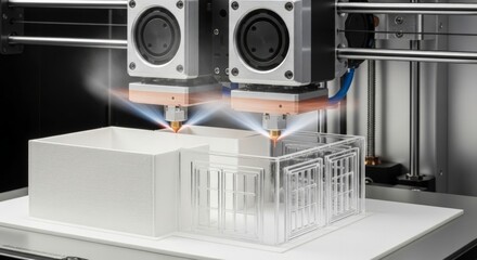 An industrial dual-nozzle 3D printer prints a high-precision architectural model of a house in a state-of-the-art laboratory. AI generated.
