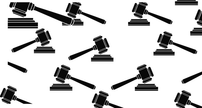 Black judge gavel pattern seamless background, legal justice symbol illustration, court law concept, auction hammer icon set, judiciary system theme, monochrome vector design