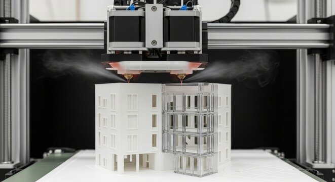 An industrial dual-nozzle 3D printer prints a high-precision architectural model of a house in a state-of-the-art laboratory. AI generated.