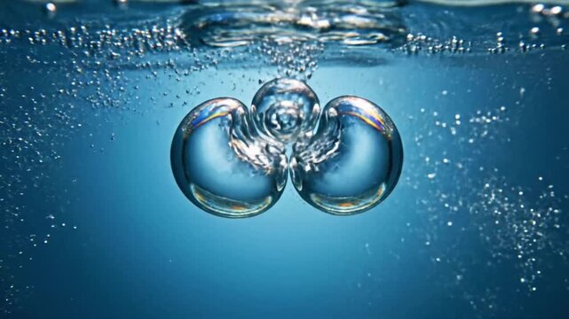 Bubbles rise through clear water as light filters in from above in deep blue tones during a sunny day