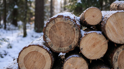 Stacked winter logs in a snowy forest ready for a warm hearth with soft sunlight and pine trees
