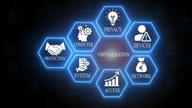 Virtualization Technology Concepts Set Neon Blue Hexagons Computer System Protection Privacy Network Devices Access