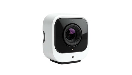 Small, white cube-shaped device with a centered lens, black face, and dark background