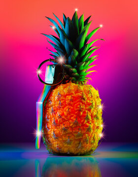 Saturated 3D pineapple grenade hybrid with iridescent metallic pin and glowing neon highlights on vibrant pink and blue gradient background, futuristic conceptual art for creative media