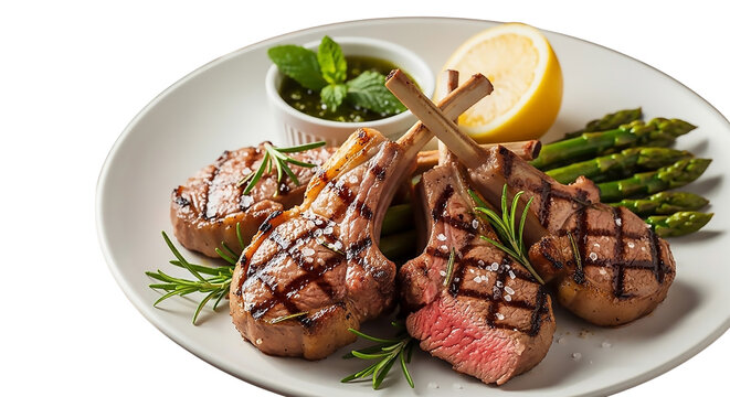 Rack of lamb served with asparagus, mint sauce, and lemon slice on white plate, fine dining meal