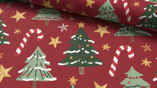 Festive Christmas Fabric Texture With Tree Star and Candy Cane Pattern on Red Background for