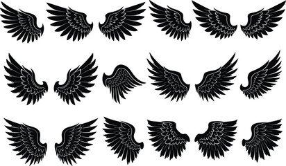 Collection of twelve stylized black wings vector illustration set showcasing diverse feather designs for fantasy art tattoo decoration and creative projects © Moshraful