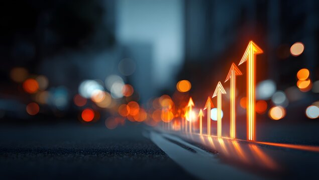 Glowing orange arrows pointing upward against dark city bokeh background representing financial growth business success market expansion economic progress corporate achievement upward momentum