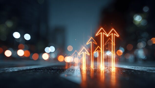 Group of luminous orange arrows climbing through urban night scene symbolizing recovery financial stability wealth creation company evolution positive trends and successful business operations
