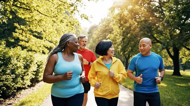 Diverse seniors jogging in park.