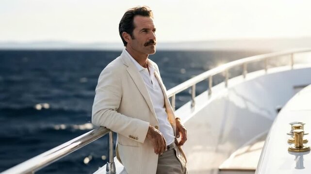 men's mustache. A stylish man wearing a light suit leans against the railing of a luxurious yacht, gazing thoughtfully at the ocean under a warm, golden light