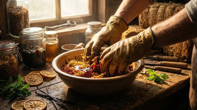 Close-up of Artisanal Shisha Tobacco Blending Process with Natural Ingredients on Wooden Table