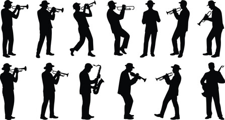 Silhouettes of trumpet players in jazz band, saxophone and guitar musicians performing, artistic ensemble practice, creative musical collaboration sceneSilhouettes of trumpet players in jazz band,  © Sree