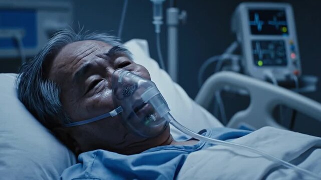 Hospital patient receives treatment while connected to medical equipment in night time setting