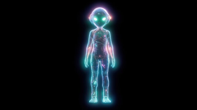 Holographic Alien Figure on Black Background.