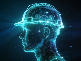Fototapeta premium Futuristic digital human head in hard hat with glowing wireframe and gears, representing AI, engineering, and technology Next Generation Interior Concept – Premium Visual Design